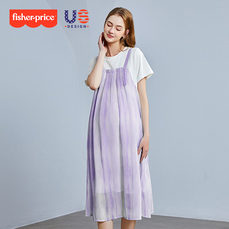 費(fèi)雪（Fisher-Price）費(fèi)雪孕婦夏裝連衣裙2025新款時(shí)尚假兩件寬松T恤長(zhǎng)裙夏季孕婦裙子 紫色連衣裙 XL