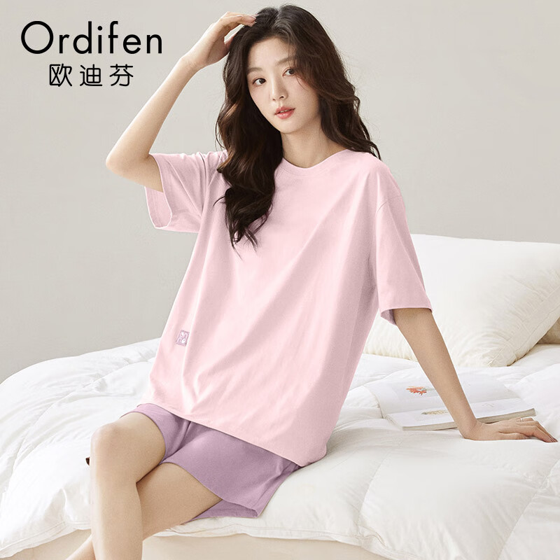 欧迪芬睡衣女宽松夏款轻薄舒适透气短袖短裤两件套休闲简约百搭家居服 粉色 2XL 【130-150斤】