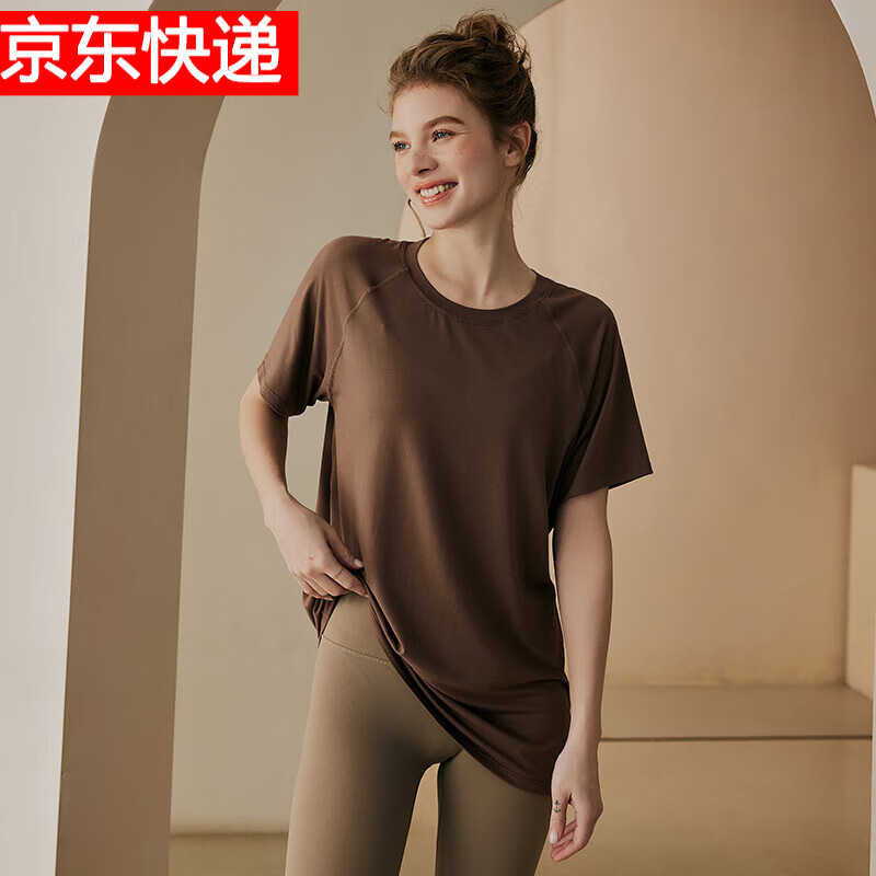 LULULOMDDW瑜伽上衣女宽松显瘦运动短袖女普拉提专业健身跑步透气罩衫夏 棕咖色 L
