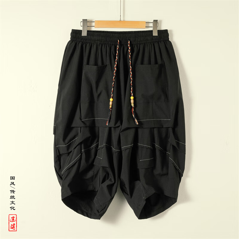胖胖到家小眾設(shè)計不規(guī)則裙褲男士褶皺設(shè)計感冰絲短褲大碼寬松燈籠六七分褲 黑色 M