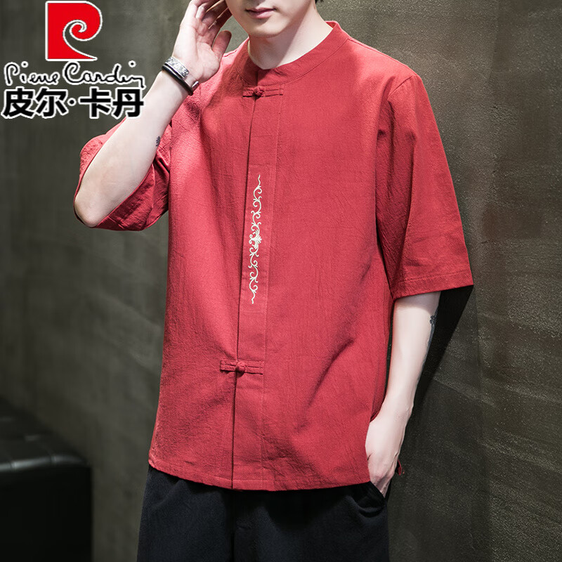 皮爾卡丹（pierre cardin）夏季亞麻短袖t恤男士棉麻上衣中國風(fēng)男裝唐裝半袖刺繡漢服體恤 紅色 5XL 200至230斤