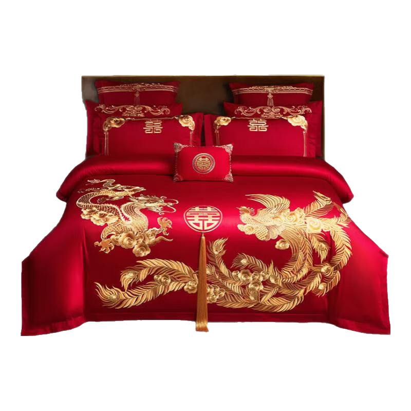 無(wú)印良品高奢結(jié)婚四件套新疆長(zhǎng)絨純棉100%全棉新婚紅色婚慶床上用品套件 A福瑞呈祥金【高支高密 重工刺繡 1.8m床單款四件套-被套200x230cm