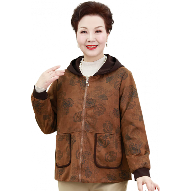 麦子熟了中老年人女小个子妈妈装短款连帽夹克外套2025春秋季新款奶奶风衣 焦糖色 XL 80-105斤