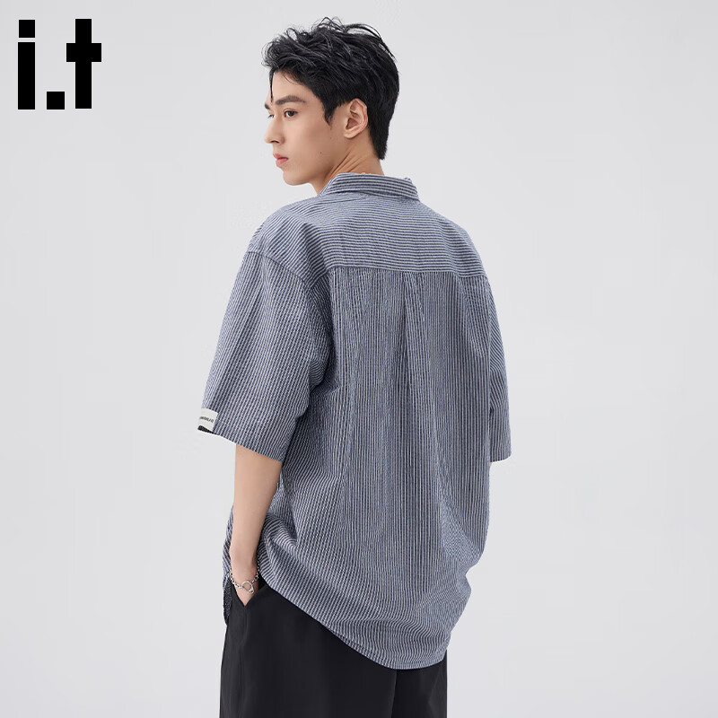 :CHOCOOLATE it纯棉短袖衬衫外套男夏季新款条纹宽松半袖上衣花衬衫 宝蓝色 【官方正品】 M 【建议100斤-120斤】