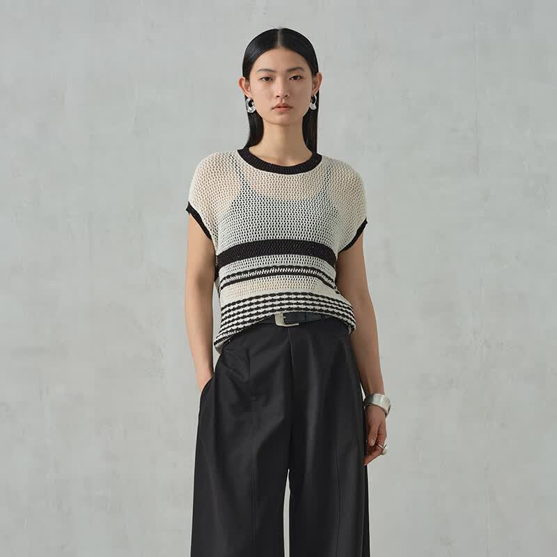 阿依莲【商场同款】洋气条纹针织衫短袖女夏季2025新款宽松显瘦镂空上衣 黑色 S