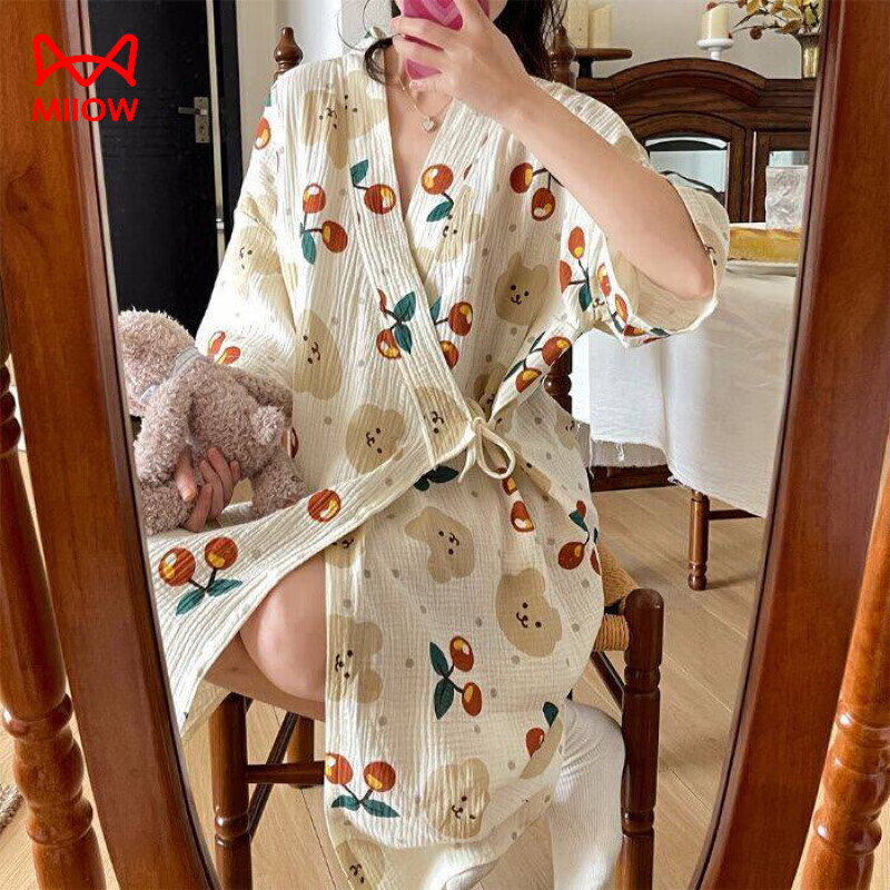貓人（MiiOW）睡裙女夏純棉紗布和服睡袍棉麻薄款日系浴袍甜美和風睡衣孕婦可穿 3608#杏色櫻桃熊純棉紗布裙 XL [推薦115-130斤]