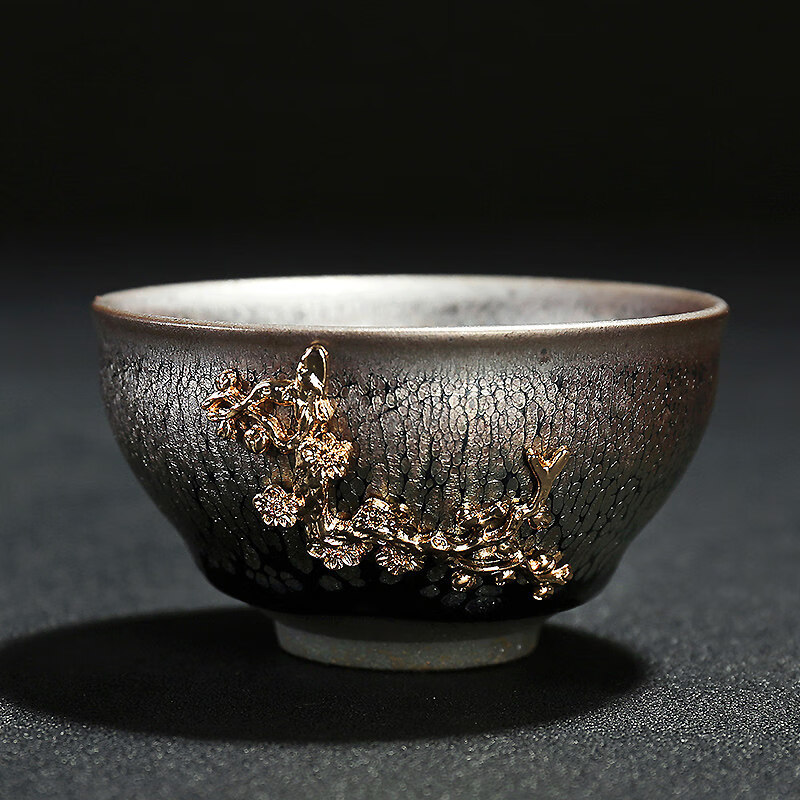 0192-建盏油滴平口杯(金梅花)礼盒装