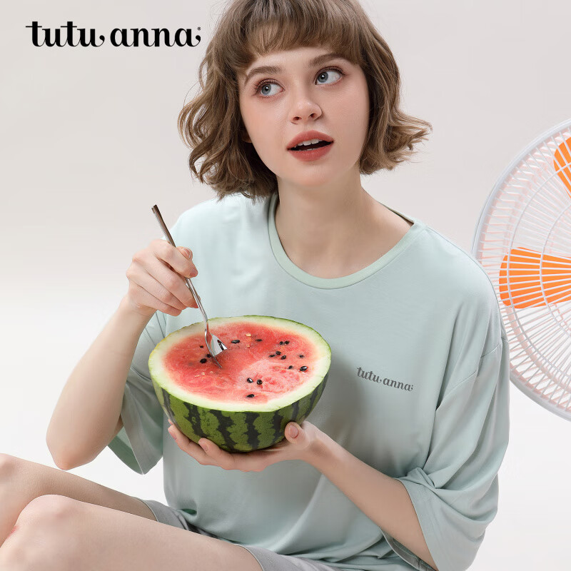 tutuanna春夏睡衣女带胸垫一体杯纯色短袖短裤透气家居服套装女 【开衫款】浅紫色 S （适合身高150-160cm）