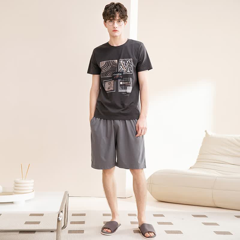 芬腾睡衣男【100%纯棉】夏季薄款圆领可外穿新品家居服套装高级感 复古灰-男款7 L