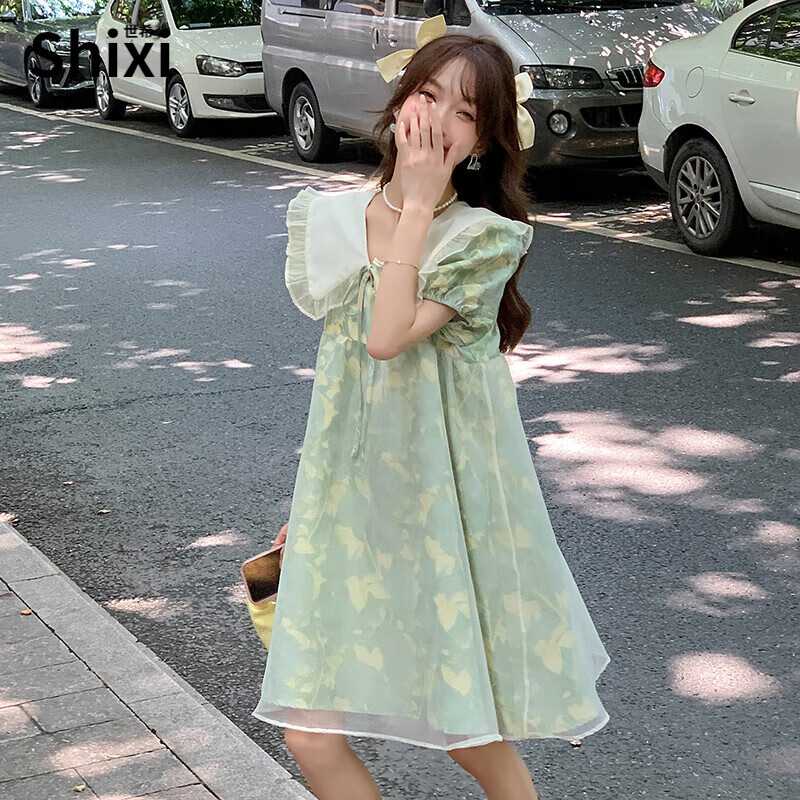 世希胖mm寬松遮肚大碼連衣裙夏洋氣別致漂亮裙子甜美減齡荷葉邊娃娃裙 綠色 XL [建議115-135斤]