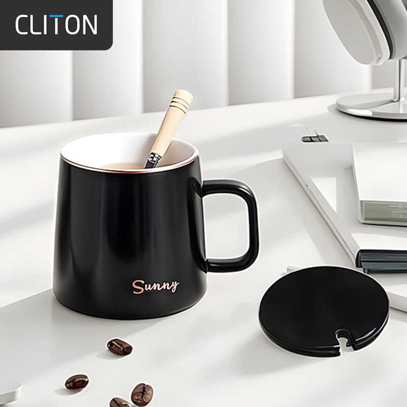 CLITON陶瓷马克杯大容量带勺盖咖啡杯牛奶杯早餐杯办公杯茶杯黑色350ml