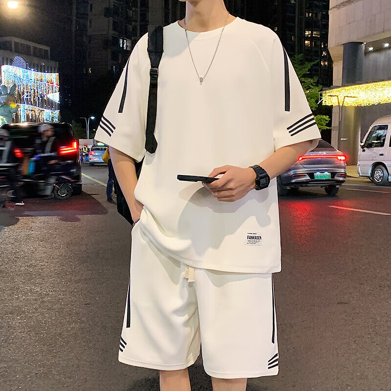 佐菲利休闲运动套装男款夏季新款青少年宽松冰丝条纹短袖t恤短裤一整套