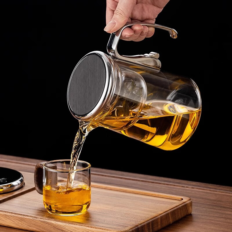 自像堂合金把飘逸杯泡茶壶一键过滤高档全玻璃内胆茶水分离杯内胆配件 鼓形合金飘逸杯【灰色550ml】