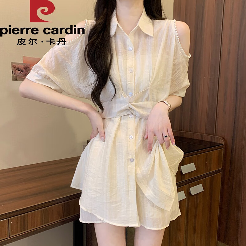 皮爾卡丹大碼胖mm時尚氣質(zhì)顯瘦洋氣高級設計感露肩防曬衫短褲兩件套裝女夏 杏色套裝 M 【建議85-100斤】