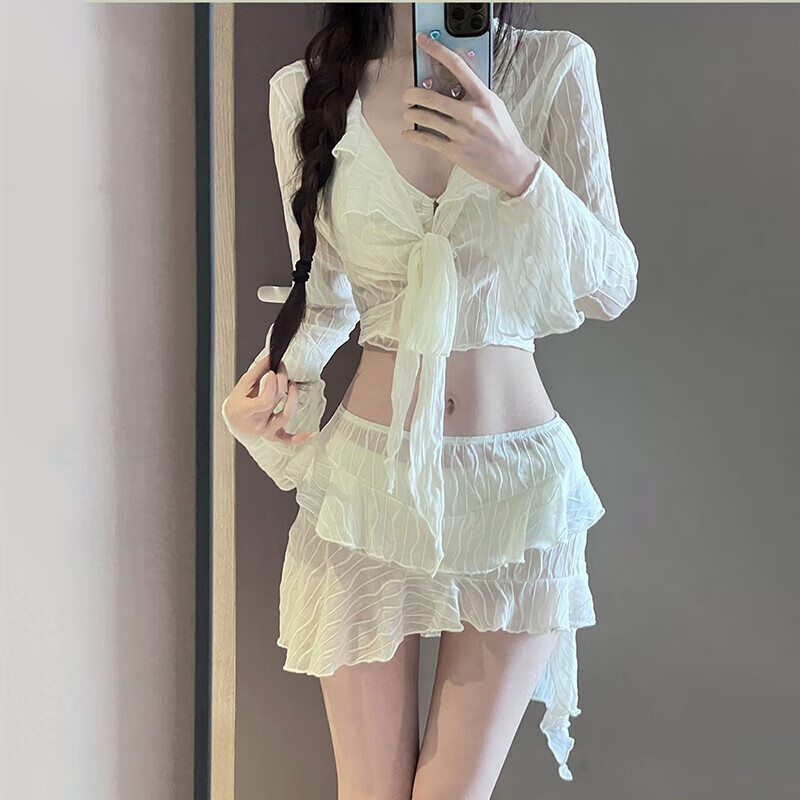 麓格立 比基尼泳衣女泡温泉高级感四件套小清新性感分体沙滩度假泳装 白色比基尼套装【建议80-120斤】