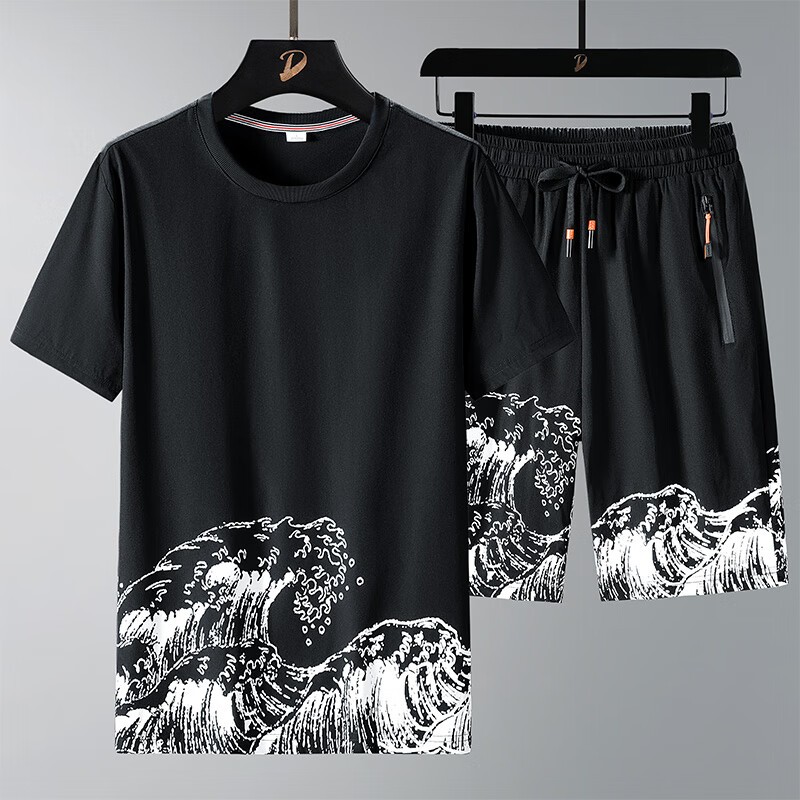 洛科驰夏季短套装大码中国风冰丝套装男胖子薄款加肥加大速干短袖五分裤 海浪短套：黑色 2XL (150-170)斤