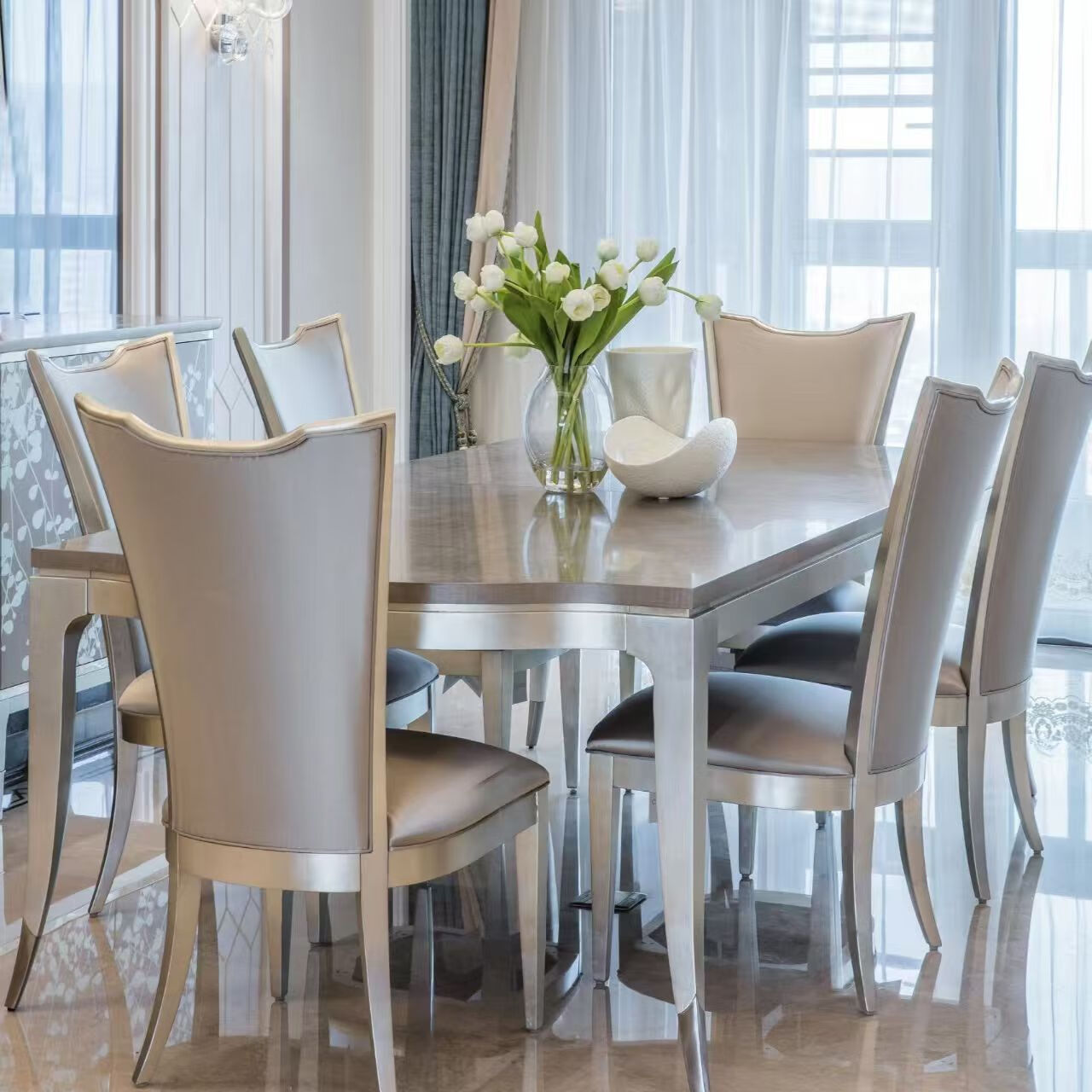 彤庭美式轻奢岩板长方形餐桌北欧式田园金色餐桌椅现代极简中古风餐桌