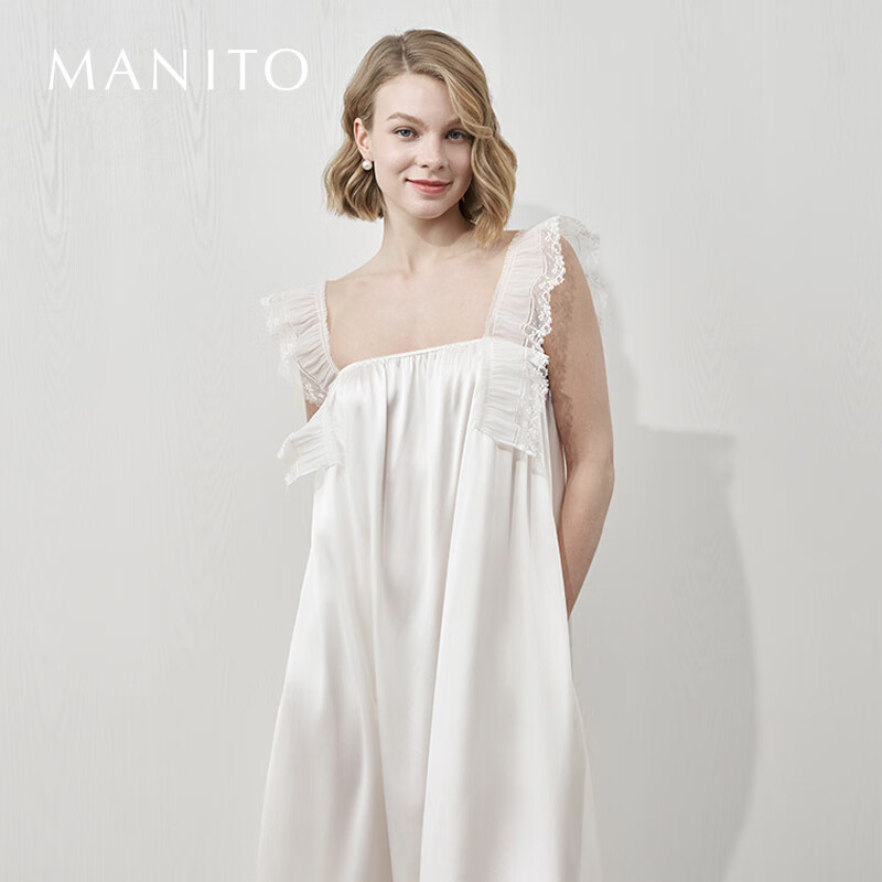 MANITO/曼尼陀Angel桑蚕丝背心连衣裙蕾丝花边吊带肩带A版长睡裙 净荼白 L