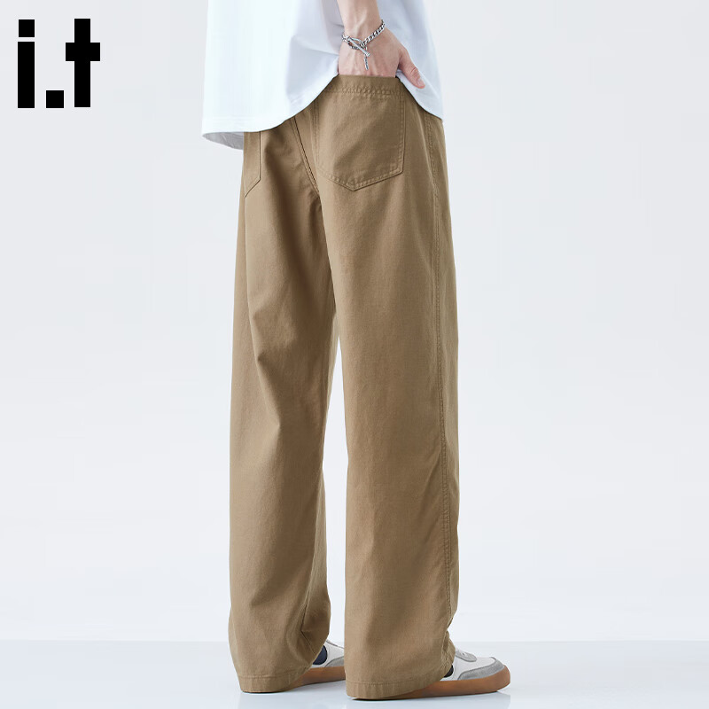 :CHOCOOLATE it冰丝休闲裤男夏季新款凉感宽松速干直筒裤2025青年外穿长裤 卡其色 【官方正品】 XL 【建议140斤-160斤】