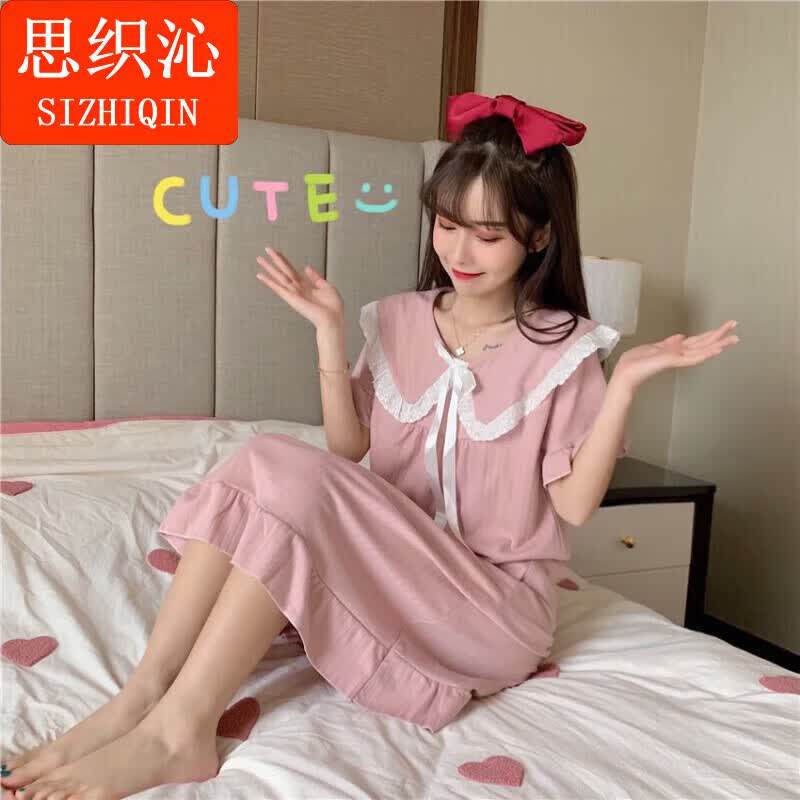 思织沁公主风连衣裙蝴蝶结荷叶边夏季睡裙女甜美可爱蕾丝花边娃娃领长裙 白色 XL (111-125斤)