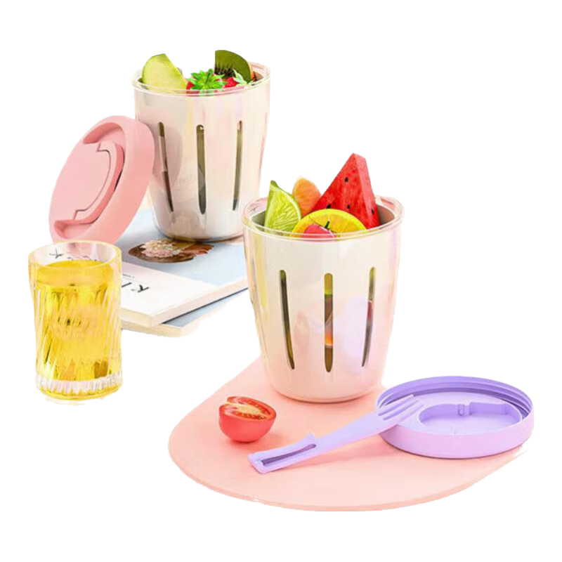 【京东物流】ins风水果沙拉杯子带叉沥水杯便携野餐学生女 青草绿 400ML