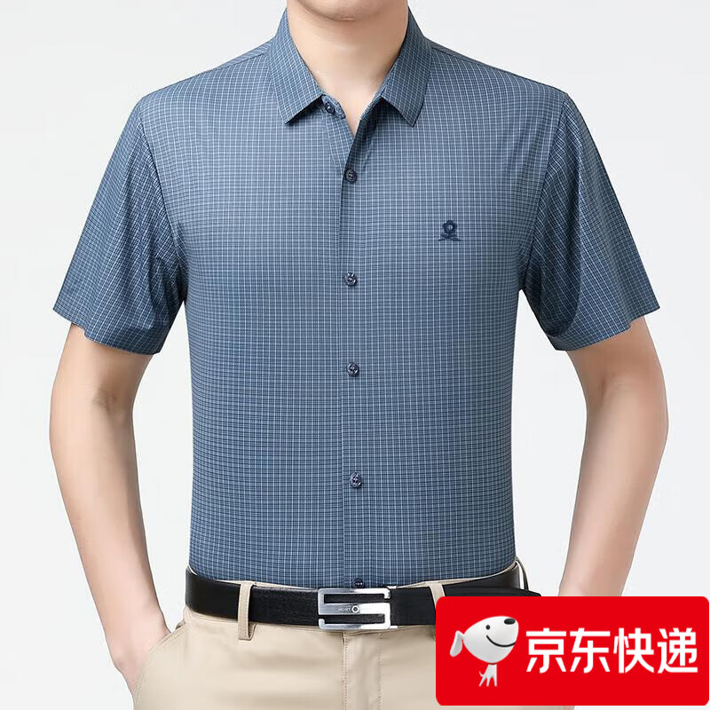 梦特娇（MONTAGUT）夏季新款男士衬衫短袖高端桑蚕丝格子商务衬衣宽松免烫 绿格 S 165 【建议体重：100-120】