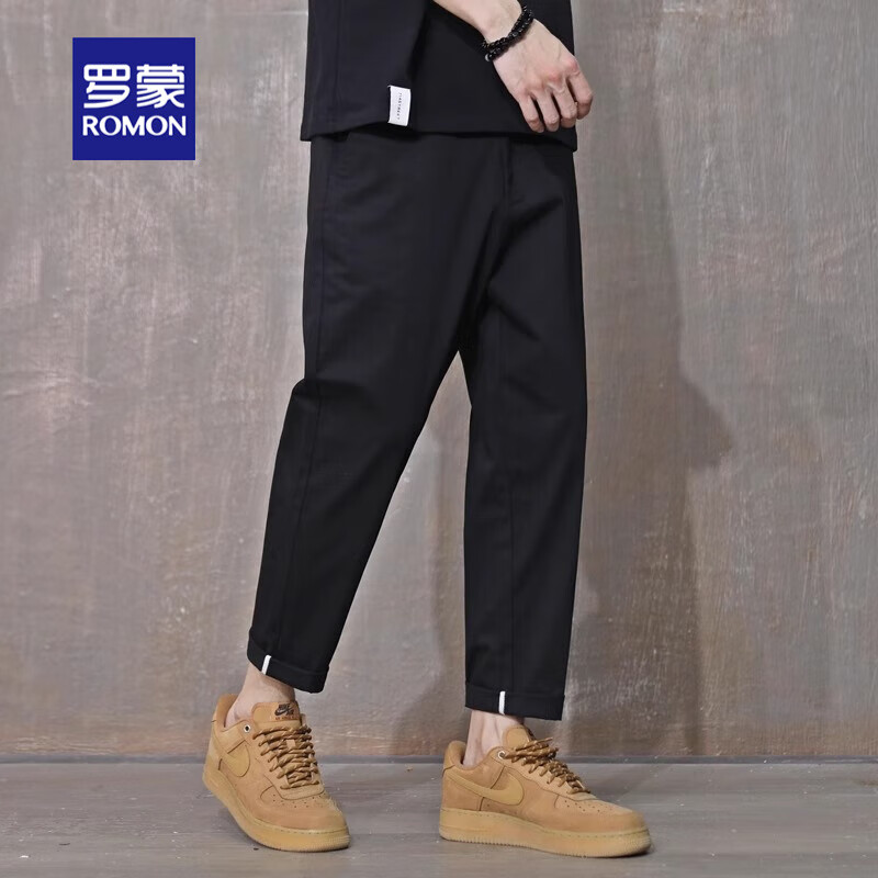 罗蒙休闲裤夏季2025新款纯棉直筒男士宽松弹力潮流男款九分裤子男裤 黑色 32 (135斤-145斤)