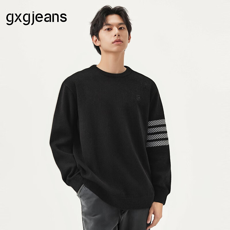gxgjeans男装针织衫 黑色撞色设计雪尼尔圆领毛衣 25年春新品 黑色 2XL (185)