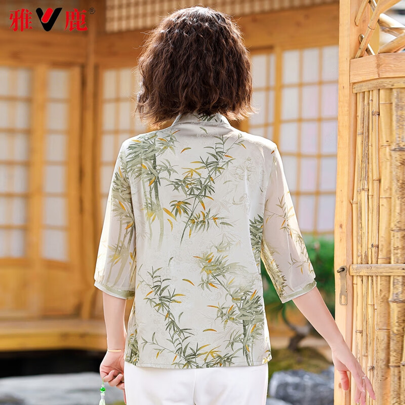 雅鹿妈妈装夏装新款国风中式雪纺T恤衫中老年女装洋气大码衣服上衣 绿色 YQS11B35000 2XL (175) 【建议105-120斤】