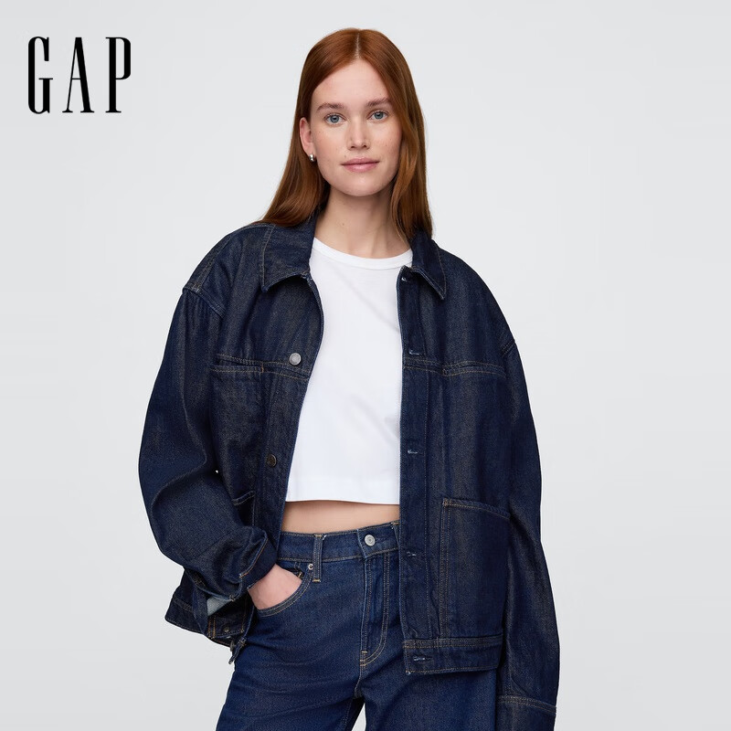 Gap男女装2025春季新棉莱赛尔混纺翻领牛仔服常规外套美版729293 深色水洗 XS 美码 S亚洲码175/88A