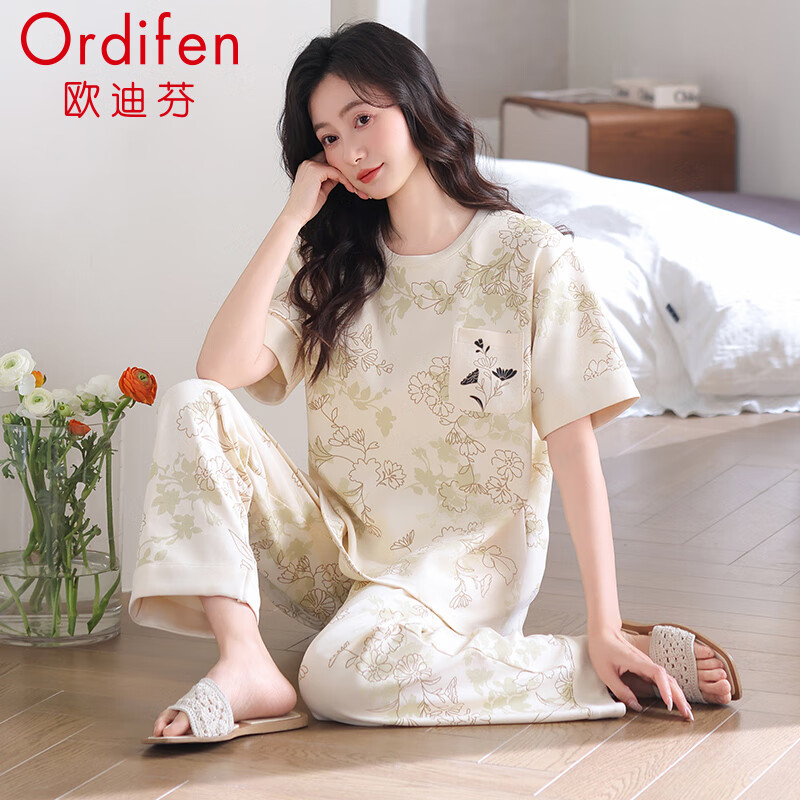欧迪芬（Ordifen）女士睡衣女夏季100%纯棉短袖长裤家居服女舒适可外穿圆领休闲套装