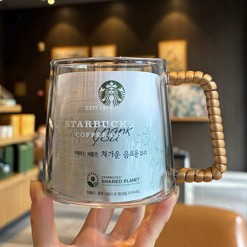 星巴克杯子透明磨砂玻璃杯大容量家用男女生高颜值咖啡水杯耐高温 编藤透明玻璃杯473ML-促销