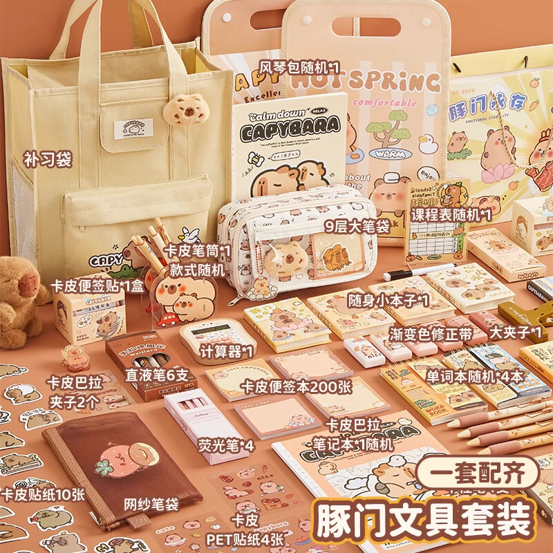 三年二班卡皮巴拉文具套装礼盒女孩生日礼物笔记本女生手账本圣诞节礼物学习用品【补习袋套装】豚豚新手