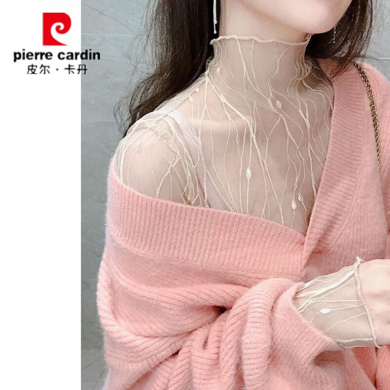 皮爾卡丹閃電透視性感內(nèi)搭網(wǎng)紗打底衫女冬薄款春秋緊身透明紗高領(lǐng)蕾絲紗衣 杏色 L
