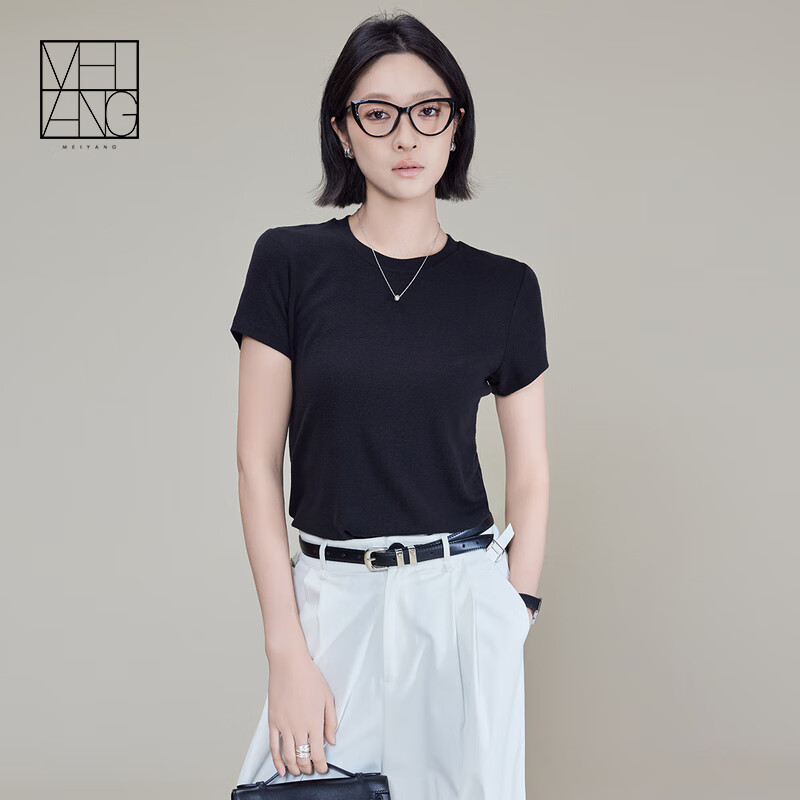 美洋（MEIYANG）贴贴T恤 醋酸天丝羊毛混纺微宽松修身圆领短袖 黑色（微宽松） L