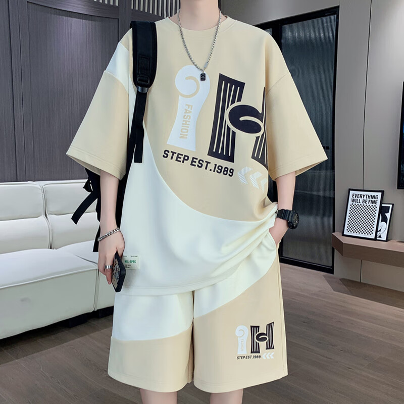 洛科驰夏季学生短袖短裤一套穿搭男孩潮牌潮流套装青少年港风T恤两件套 G53卡其套装 M 约90-110斤可穿