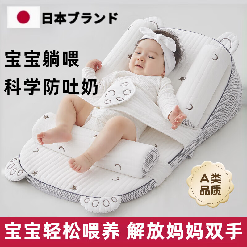煦凛日本婴儿防吐奶斜坡垫躺睡神器防溢奶呛奶枕头新生儿安抚枕躺靠垫 星月【45x80x16cm】斜坡防吐奶床 纯色 椰棕护脊椎 三档调节 多功能床中床