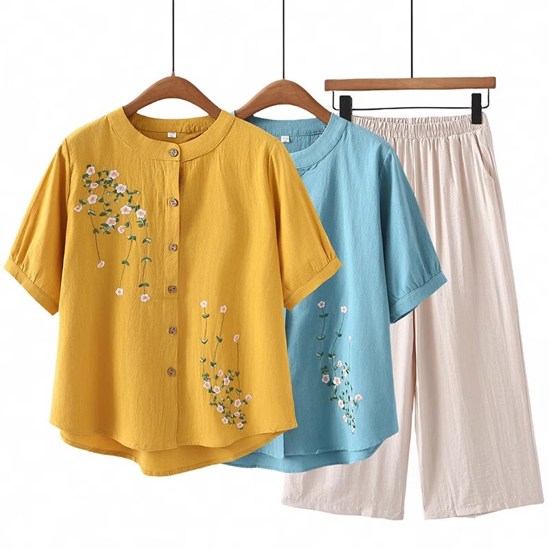 俞兆林(YUZHAOLIN)母亲节妈妈夏装套装新款洋气衣服中老年女装奶奶装短袖T恤衫两件 黄色套装 3XL (建议120-135斤)