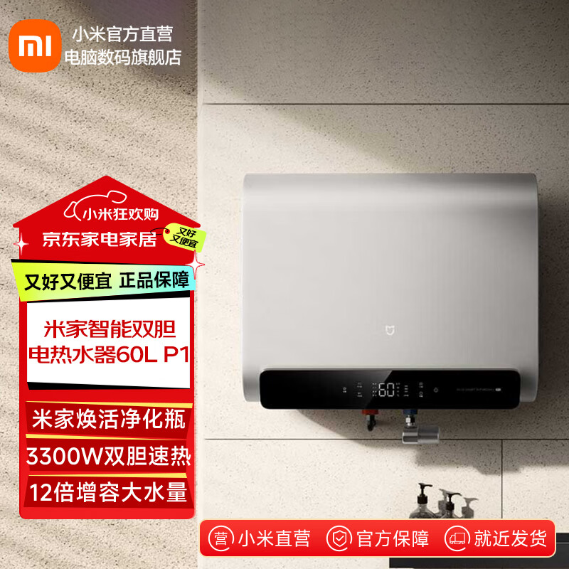米家小米电热水器智能双胆 60L P1 家用薄扁桶 电热水器 3300W双胆速热 镁棒终身免更换 60L 3300W