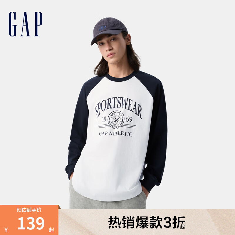 Gap男女装2025春季新款纯棉印花logo插肩长袖T恤美式校园风723839 白色 L (175/96A) 亚洲尺码