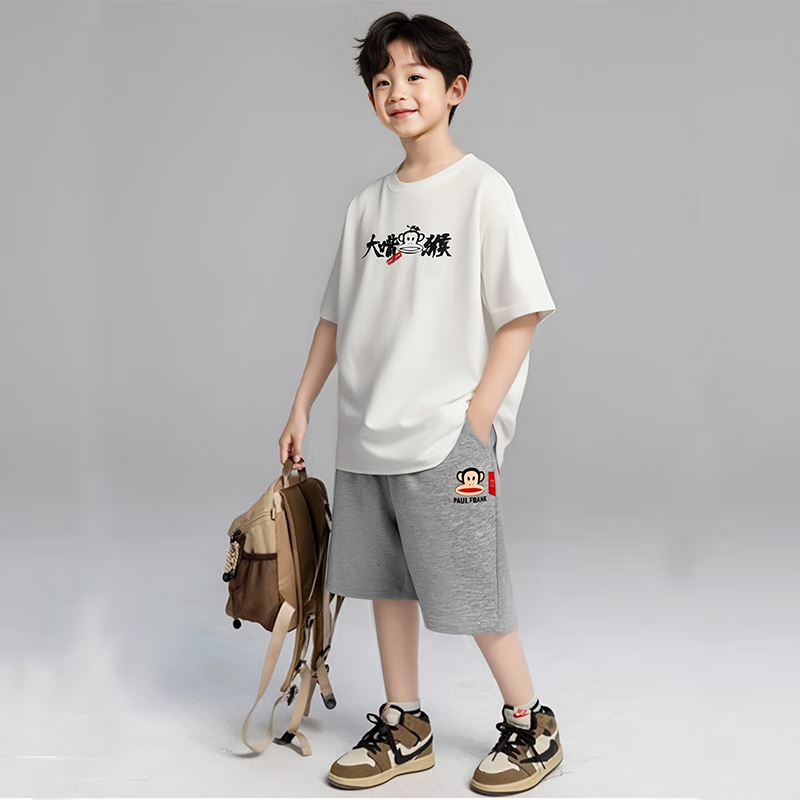 大嘴猴（paul frank）童装夏季套装2025新夏款男女童休闲短袖短裤中大童运动时髦两件套 米白+灰色 140