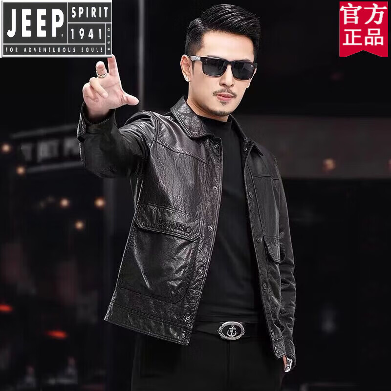 吉普（JEEP）官方品牌旗艦海寧真皮皮衣男春秋短款油蠟頭層綿羊皮哈雷機(jī)車夾克 高端旗艦海寧真皮皮衣黑 M 95-115斤