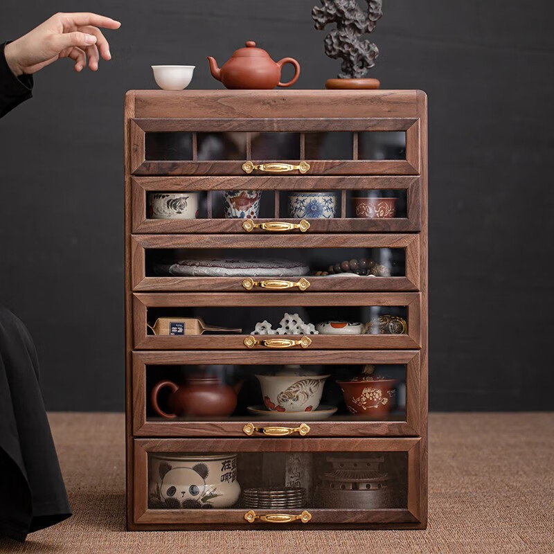 褐本黑胡桃木桌面收納盒實木茶杯茶具茶餅古玩文玩收納柜牙科柜首飾盒 【加高款】6層牙科柜-可收納茶壺