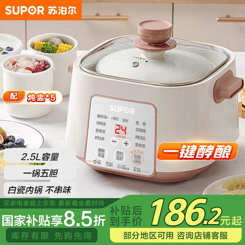 蘇泊爾（SUPOR）電燉鍋 電燉盅 煲湯鍋燉湯鍋隔水燉鍋 燕窩燉盅煮粥神器 電湯鍋 陶瓷熬粥專用鍋DZ25YC828多功能鍋