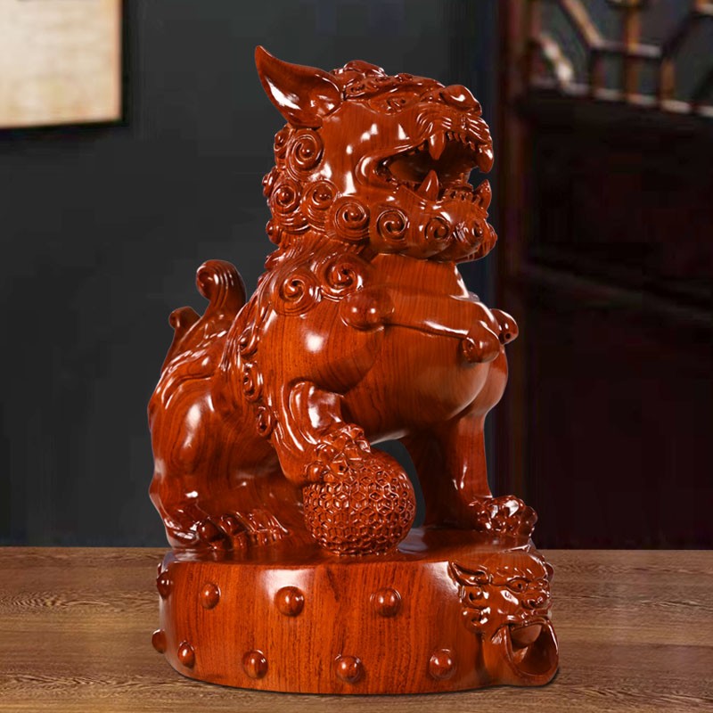 天从 实木狮子摆件一对纯木头雕刻锦狮子布局摆件木质家居客厅办公室