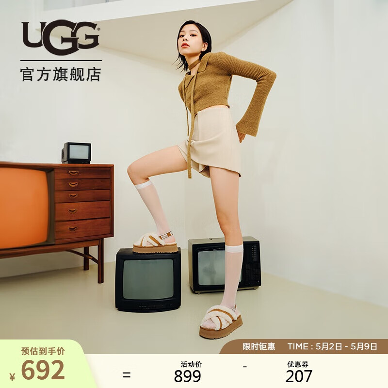 UGG春季女士交叉鞋面厚底彈力束帶毛毛涼鞋 1121550 CHE|栗色 36
