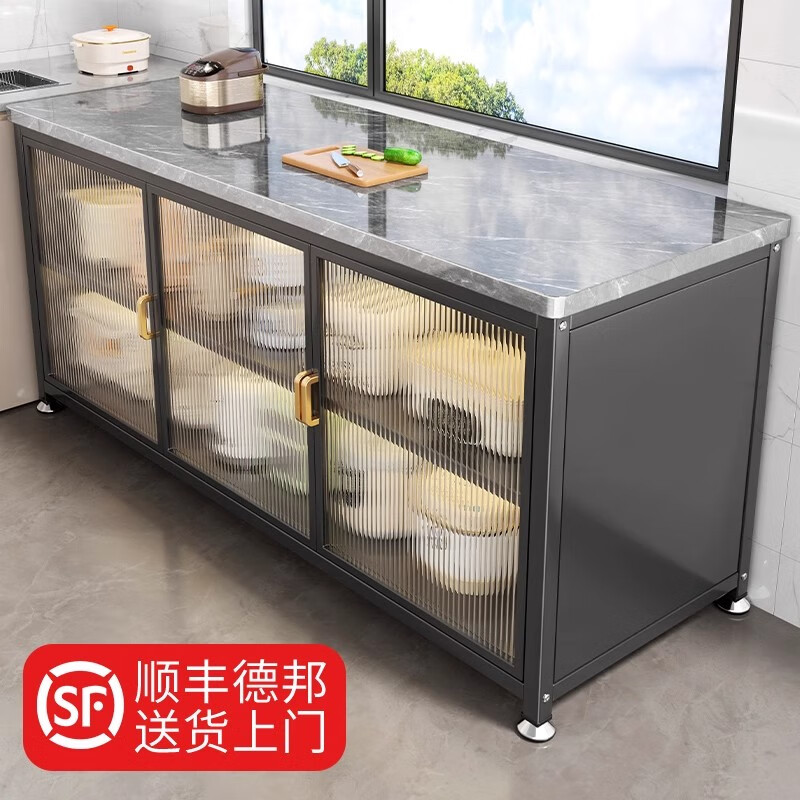 ZSVIP厨房置物架岩板落地多层功能靠墙一体收纳柜餐边工作台储物橱柜子 三层100白-双开门