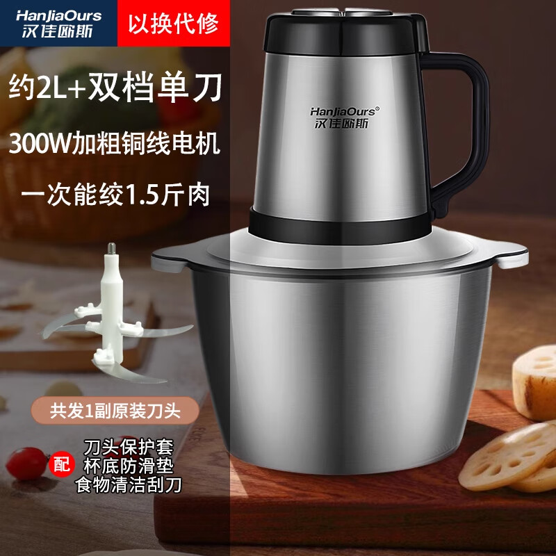 汉佳欧斯Hanjiaours小容量打蒜机2L绞馅机电动家用多功能流食绞肉机 不锈钢碗 2L 配【一把刀】