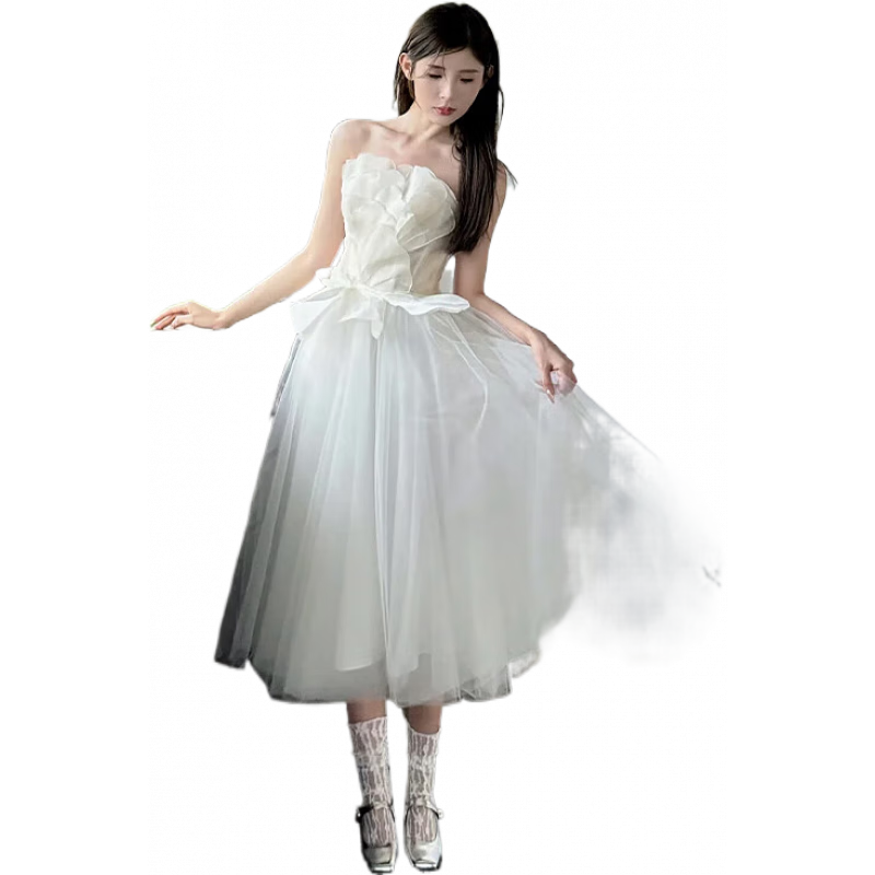 季節(jié)里禮服女宴會(huì)晚禮服高端微胖短袖抹胸輕婚紗2025新款森系超仙小個(gè)子 白色 L