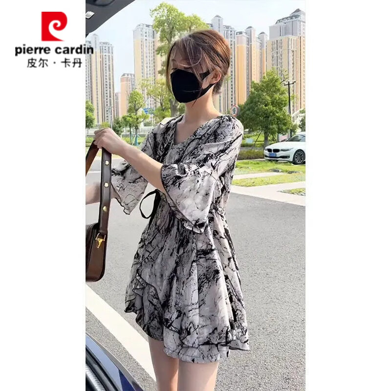 皮尔卡丹(pierre cardin)夏季雪纺套装宽松高腰显瘦洋气时尚连衣裙大码女装胖mm短裤两件套 水墨色套装【连衣裙+裤子】 XL 建议【125-140斤】 京东折扣/优惠券